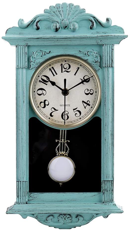3012-16in-green jomparis 16" Pendulum Wall Clock Retro Quartz Decorative Battery Operated Wall Clock for Home Kitchen Living Room (Seafoam Green)