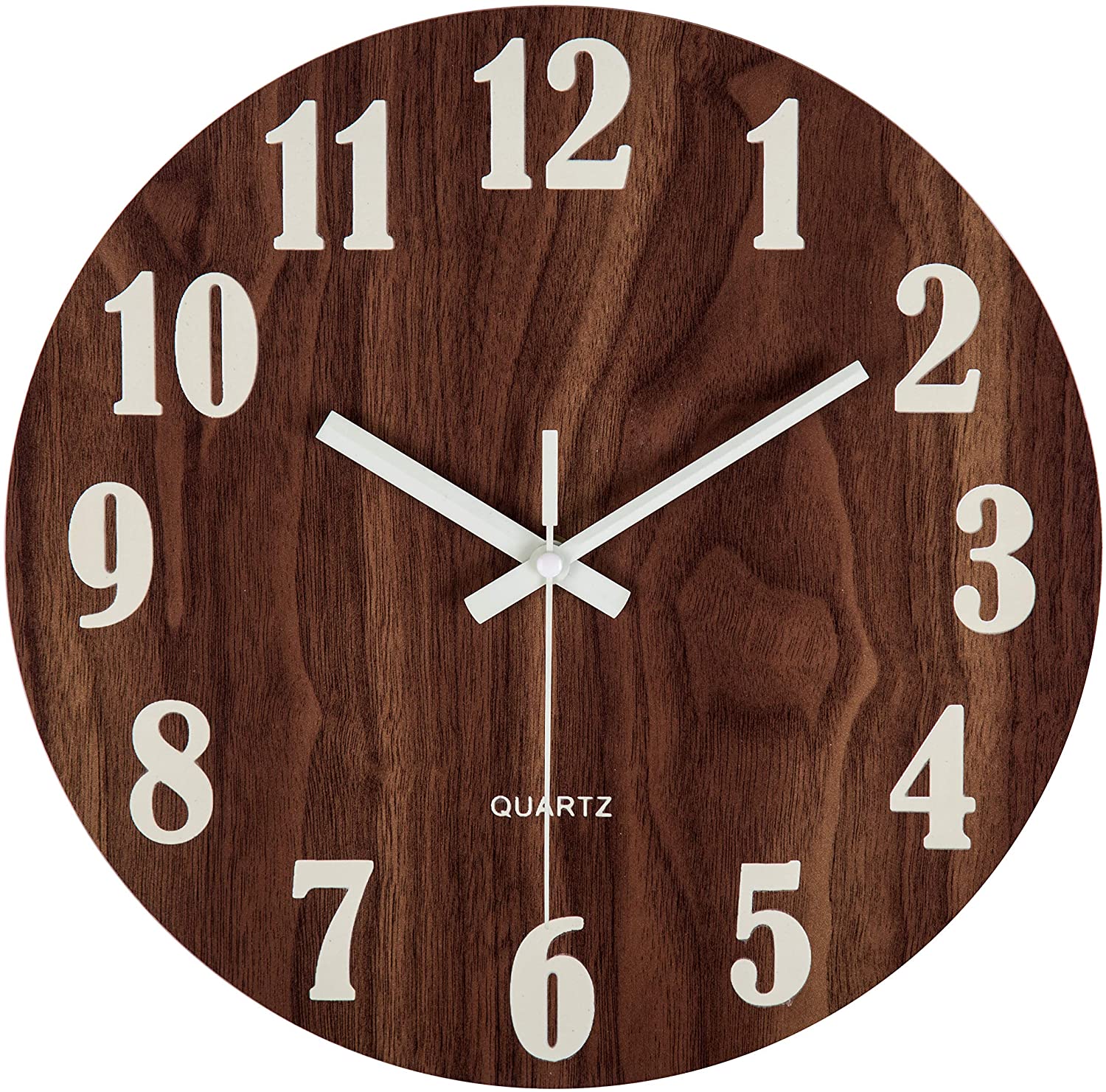 3014-12IN-Brown Jomparis 12" Night Light Function Wooden Round Wall Clock Vintage Rustic Country Tuscan Style for Kitchen Bedroom Office Home Silent & Non-Ticking Large Numbers Battery Operated Indoor Clocks(Brown)
