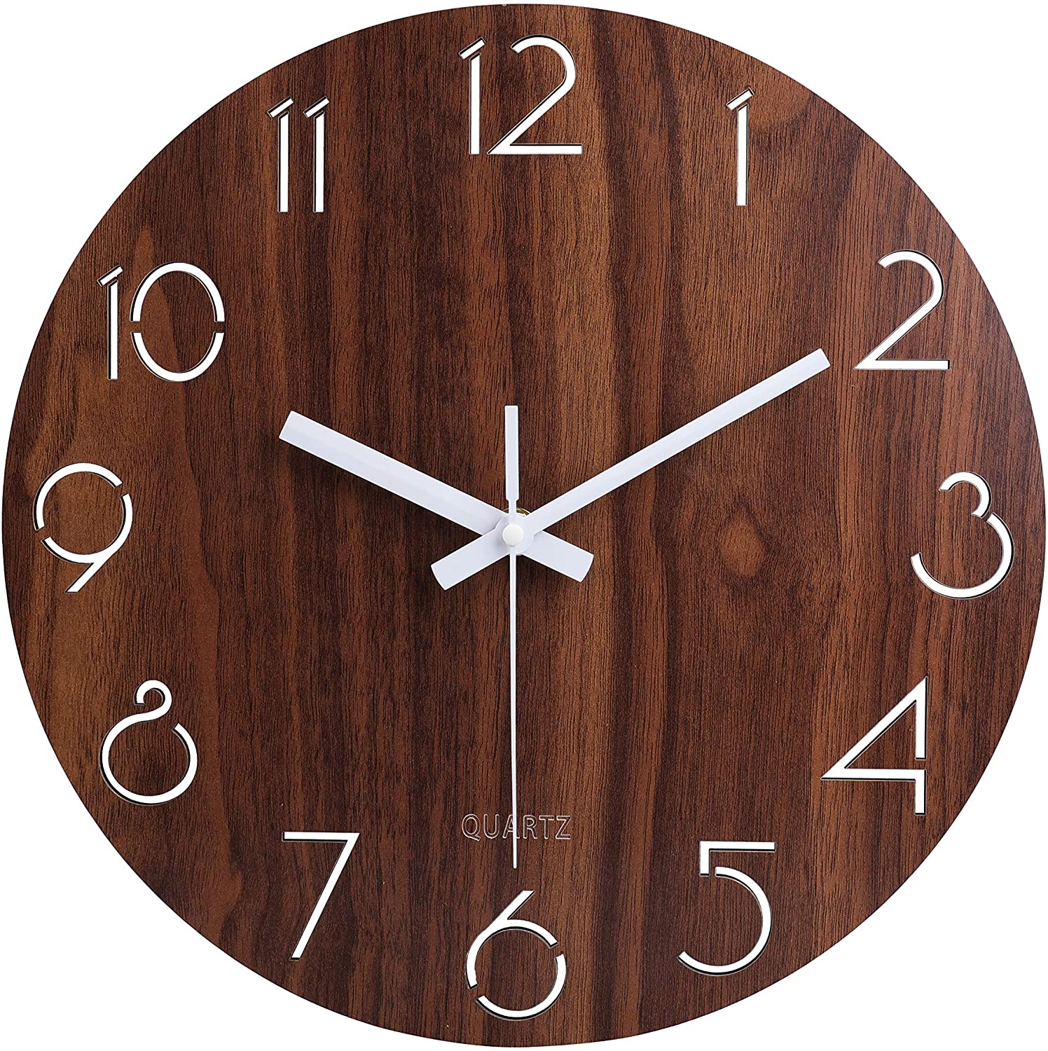 3014-12IN-Brown-Hollow 12" Vintage Arabic Numeral Design Rustic Country Tuscan Style Wooden Decorative Round Wall Clock