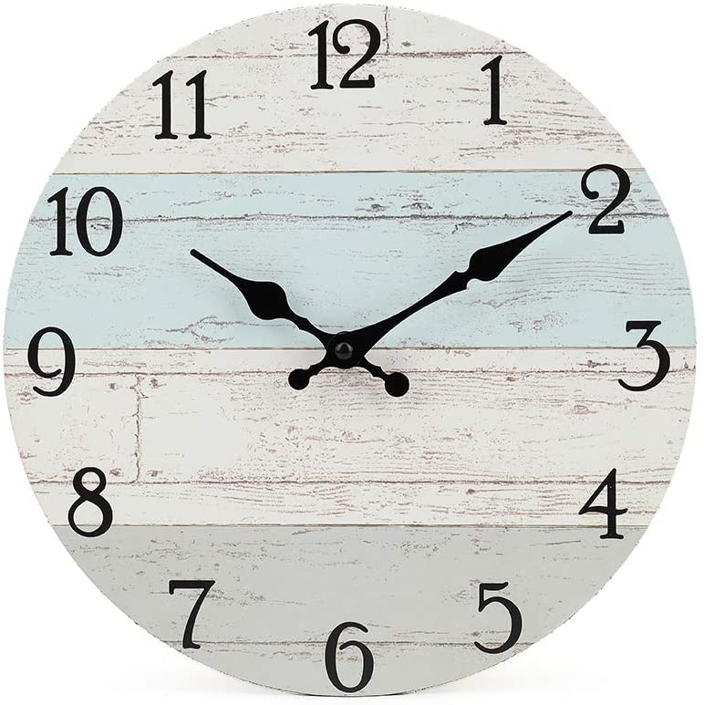 2008-10in-white-blue Silent Non-Ticking Wooden Decorative Round Wall Clock Quality Quartz Battery Operated Wall Clocks Vintage Rustic Country Tuscan Style Wooden Home Decor Round Wall Clock(10 Inch, Coastal Worn Blue )
