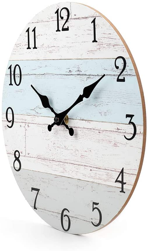2008-10in-white-blue Silent Non-Ticking Wooden Decorative Round Wall Clock Quality Quartz Battery Operated Wall Clocks Vintage Rustic Country Tuscan Style Wooden Home Decor Round Wall Clock(10 Inch, Coastal Worn Blue )