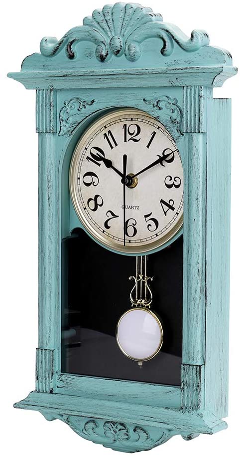 3012-16in-green jomparis 16" Pendulum Wall Clock Retro Quartz Decorative Battery Operated Wall Clock for Home Kitchen Living Room (Seafoam Green)