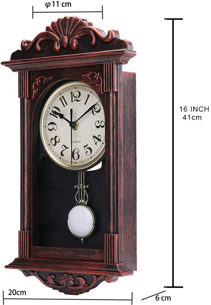 3012-16in-red Pendulum Wall Clock Retro Quartz Decorative Battery Operated Wall Clock for Living Room, Office, Home Decor( 16 Inch , Bronze )