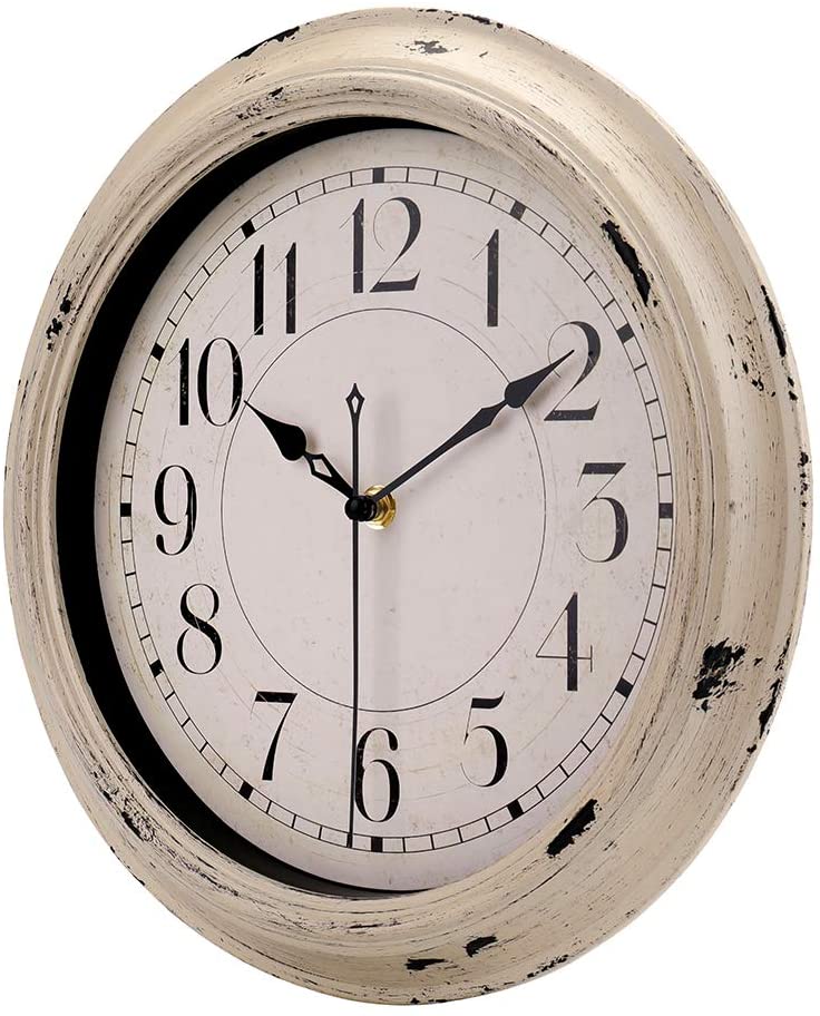 8015-12IN-Beige 12 Inch Antique Beige White Rustic Wall Clock Vintage Decorative Wall Clock Silent Non-Ticking Battery Operated Quartz Classic Retro Round Wall Clock for Kitchen Living Room Office