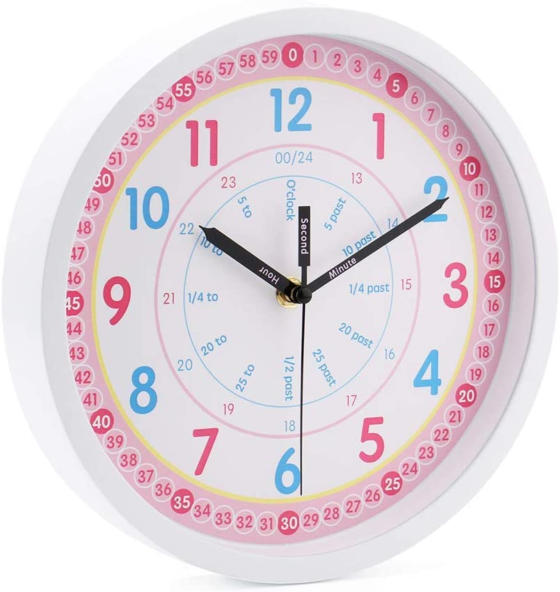 8019-10IN-PINK Jomparis Kids Wall Clock Learning Time Wall Clock Educational Teaching Clock 10 Inch Silent Non Ticking Quality Quartz Battery Operated Wall Clocks for Grils Room,Kids Room,Playroom(White)