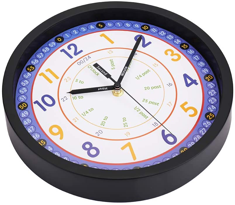 8019-10IN-BLACK Jomparis Kids Wall Clock Learning Time Wall Clock Educational Teaching Clock 10 Inch Silent Non Ticking Quality Quartz Battery Operated Wall Clocks for Grils Room,Kids Room,Playroom(White)