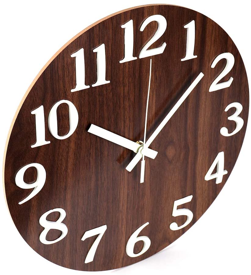 3014-12IN-3D-DarkBrown Jomparis 12'' Night Light Function Silent Round Wall Clock Large 3D Numbers Glow in The Dark Battery Operated Wooden Decorative Wall Clock for Office Living Room Bedroom(Dark brown)