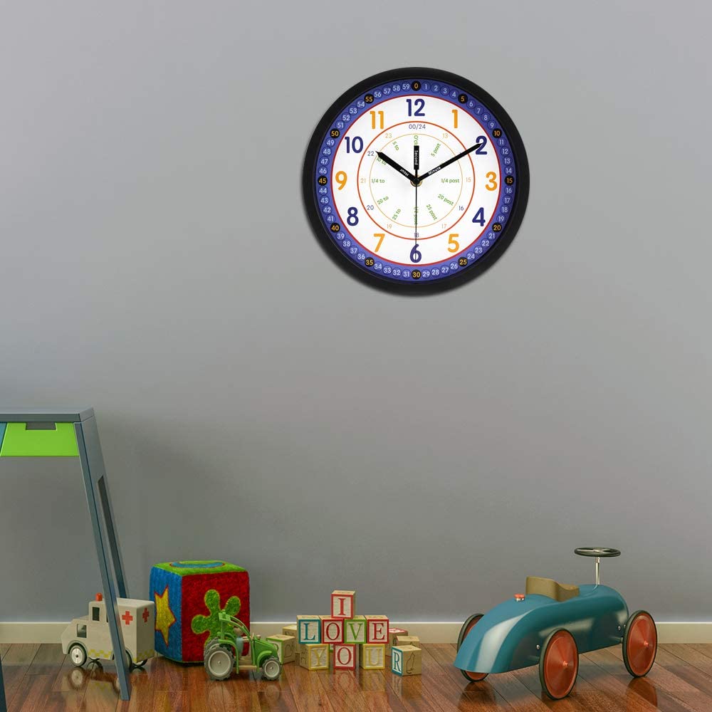 8019-10IN-BLACK Jomparis Kids Wall Clock Learning Time Wall Clock Educational Teaching Clock 10 Inch Silent Non Ticking Quality Quartz Battery Operated Wall Clocks for Grils Room,Kids Room,Playroom(White)