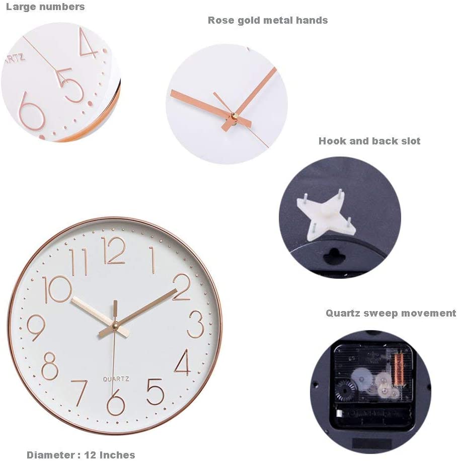 8138-12-RoseGold 12 Inch Modern Wall Clock Silent Non-Ticking Quartz Sweep Decorative Battery Operated Wall Clocks for Home Living Room Bathroom School (Rose Gold)