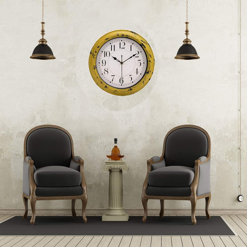 8015-12IN-Yellow 12 Inch Antique Beige White Rustic Wall Clock Vintage Decorative Wall Clock Silent Non-Ticking Battery Operated Quartz Classic Retro Round Wall Clock for Kitchen Living Room Office